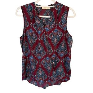 Pink Rose Paisley Sleeveless Blouse - Red and Blue Size M Boho Festival Y2K